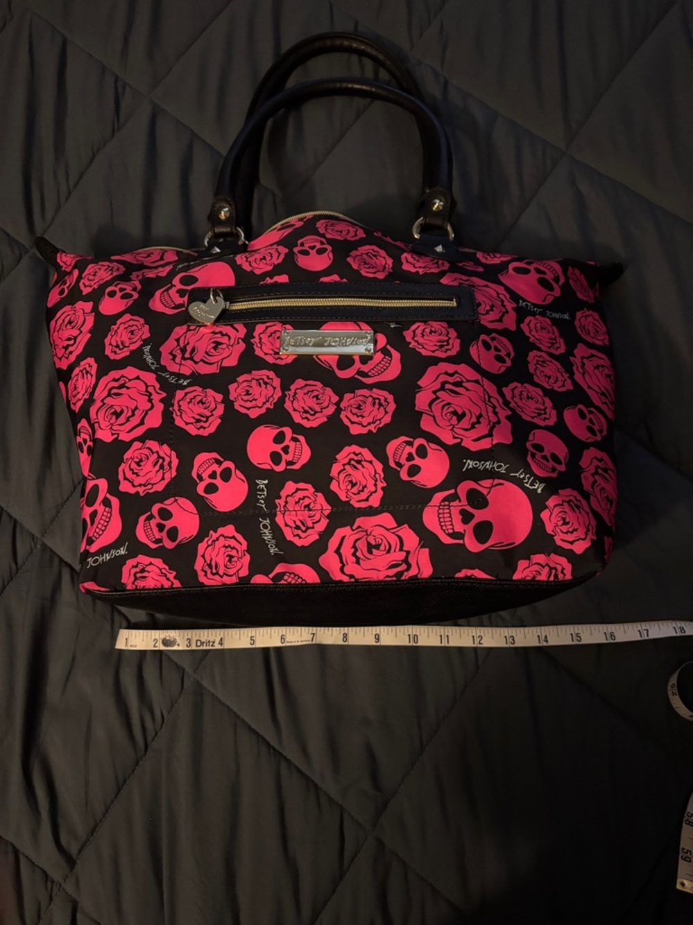 Betsey Johnson Black & Hot Pink Skull and Rose Tote - Picture 6 of 8